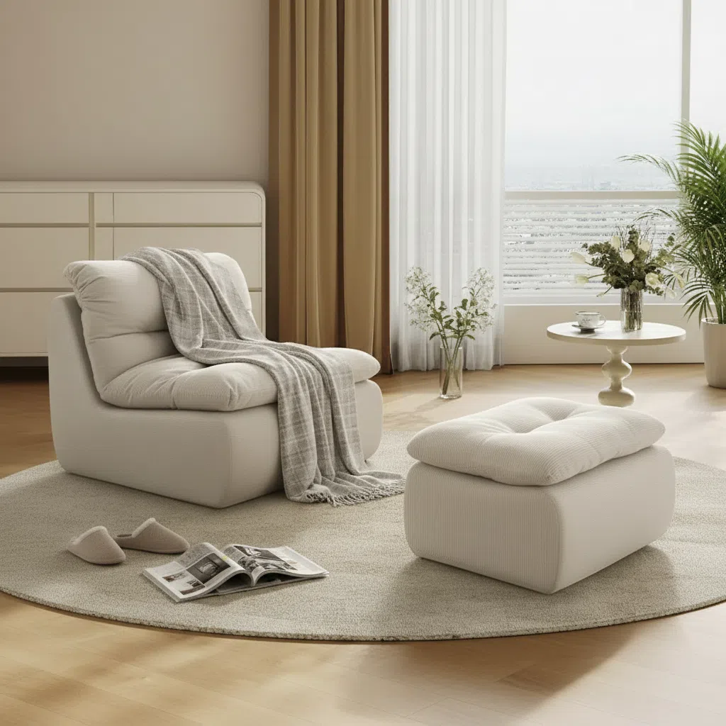 Plush Corduroy Cloud Sofa Chair with Ottoman - Small Space Living Room Bedroom Furniture