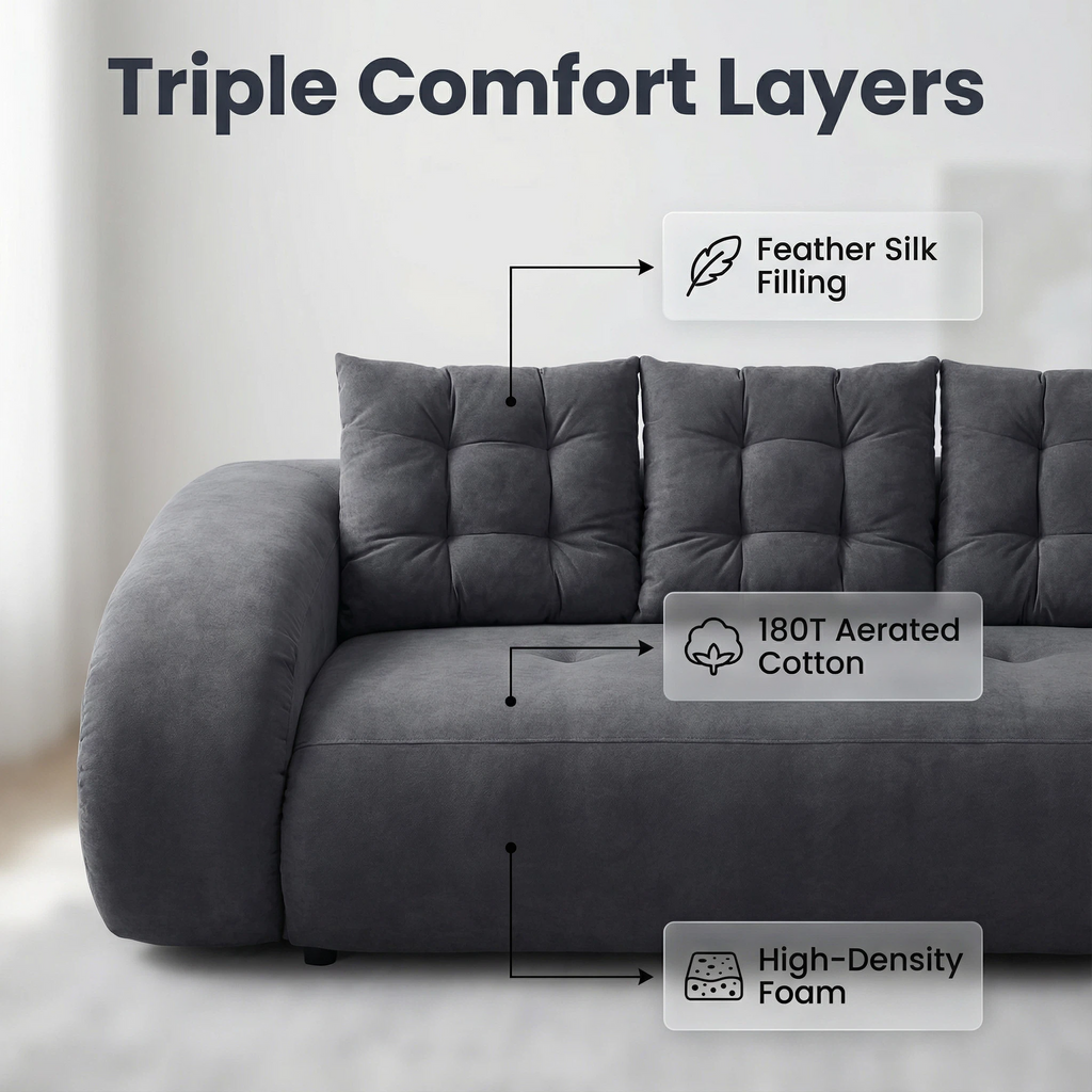 Foshan Factory Gray Corduroy 3-Seater Sofa - Triple Comfort Layers, Premium High-Density Foam, Modern Living Room Furniture