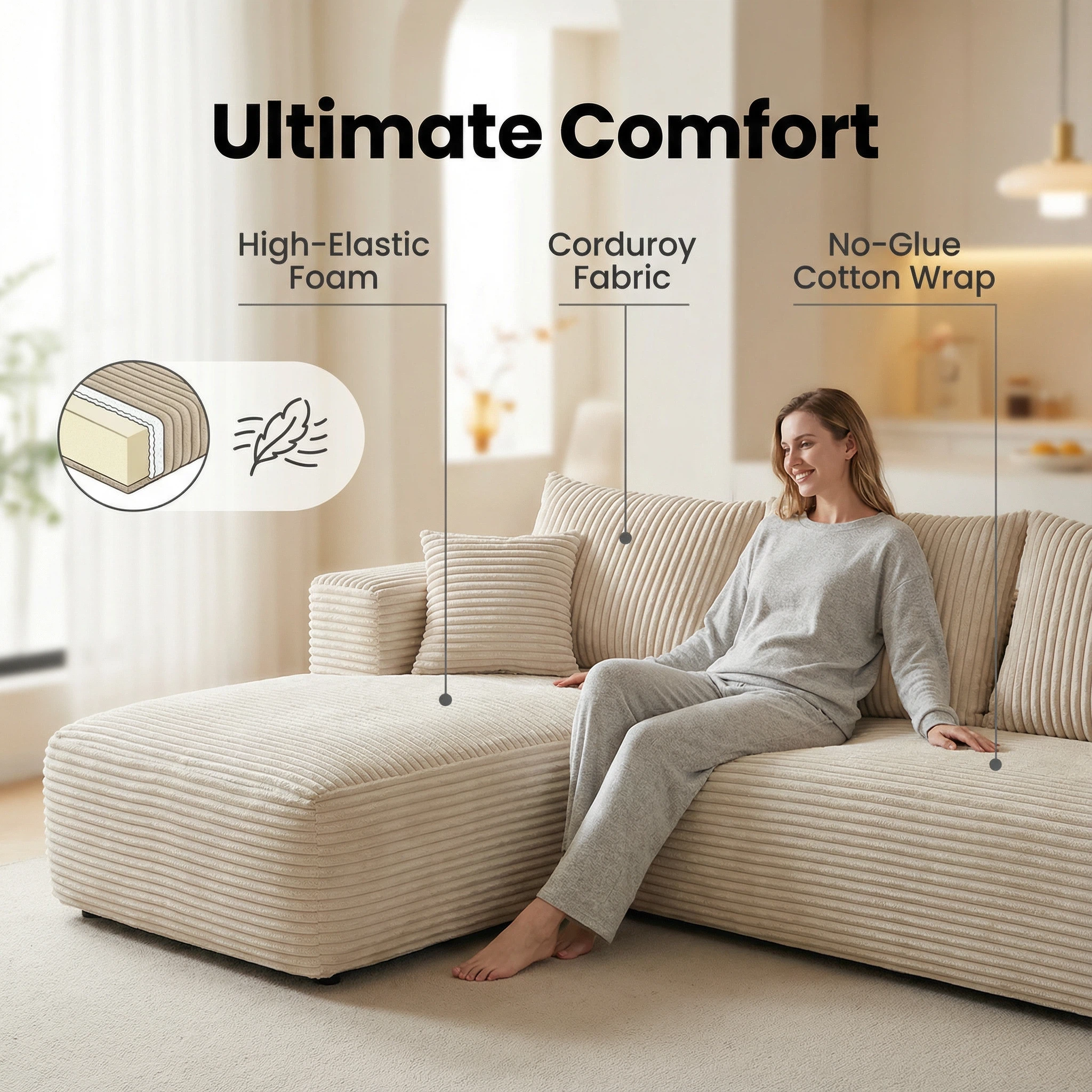 Beige Corduroy High-Elastic Foam Sofa - Glue-Free Cotton Healthy Material | Multi-Size Including L-Shaped Living Room Furniture