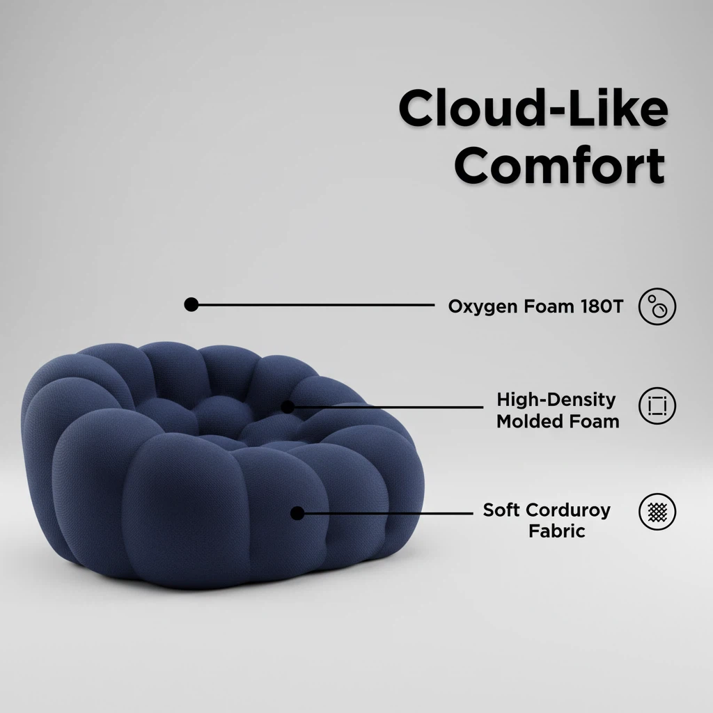 Foshan Factory Navy Bubble Corduroy Accent Chair - Cloud-Like Dual-Foam Comfort, Multi-Size Options, Modern Living Room Statement Furniture