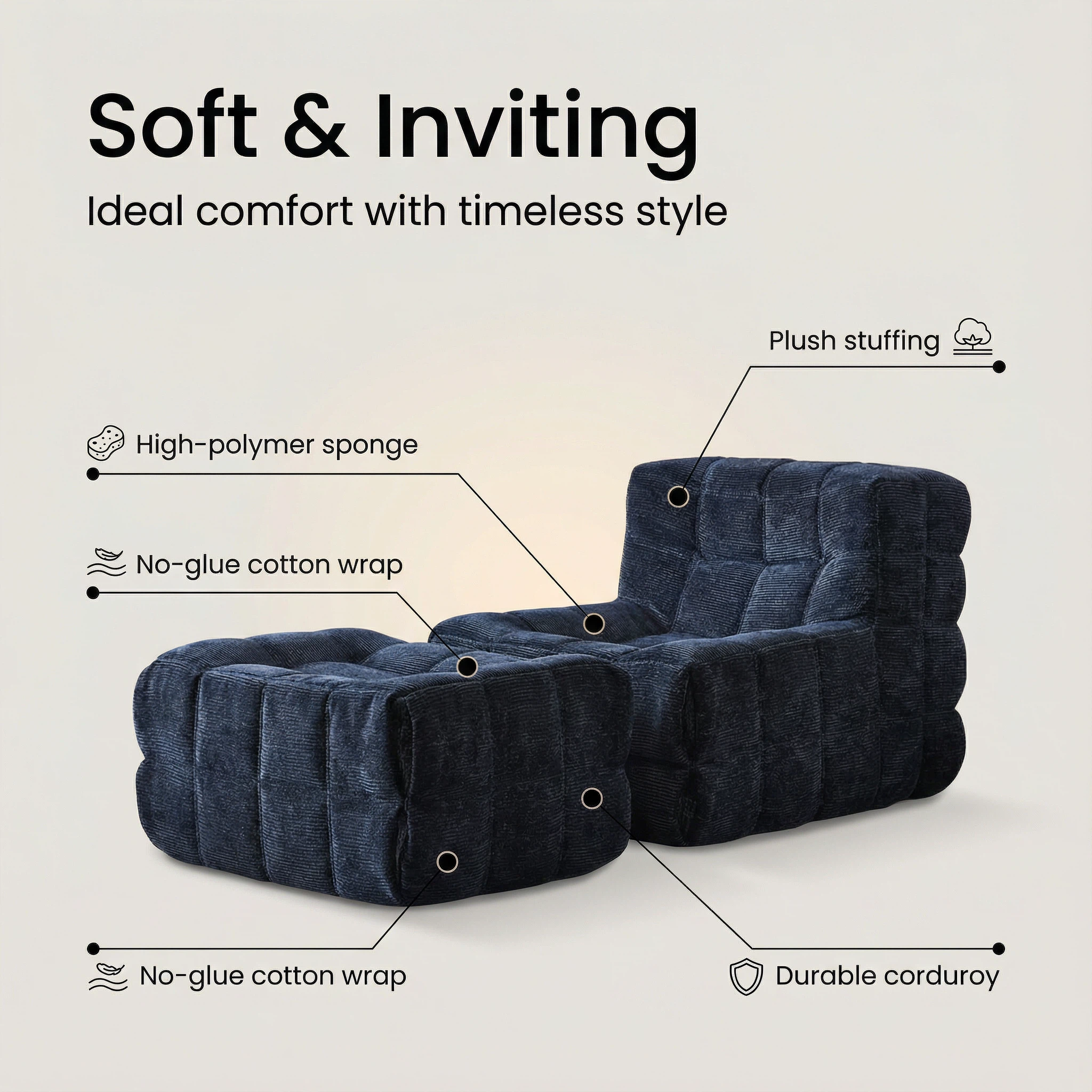 Corduroy Cube Sofa with Ottoman - Single/Double Size Options | Glue-Free Cotton Healthy Material Sofa