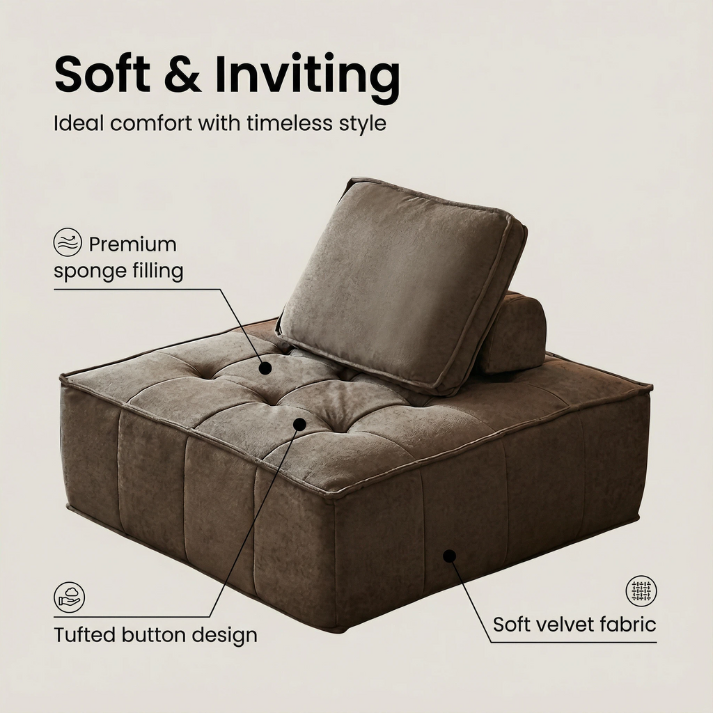 Brown Velvet Tufted Sofa - High-Density Sponge Filling | Modern Luxury Living Room Furniture
