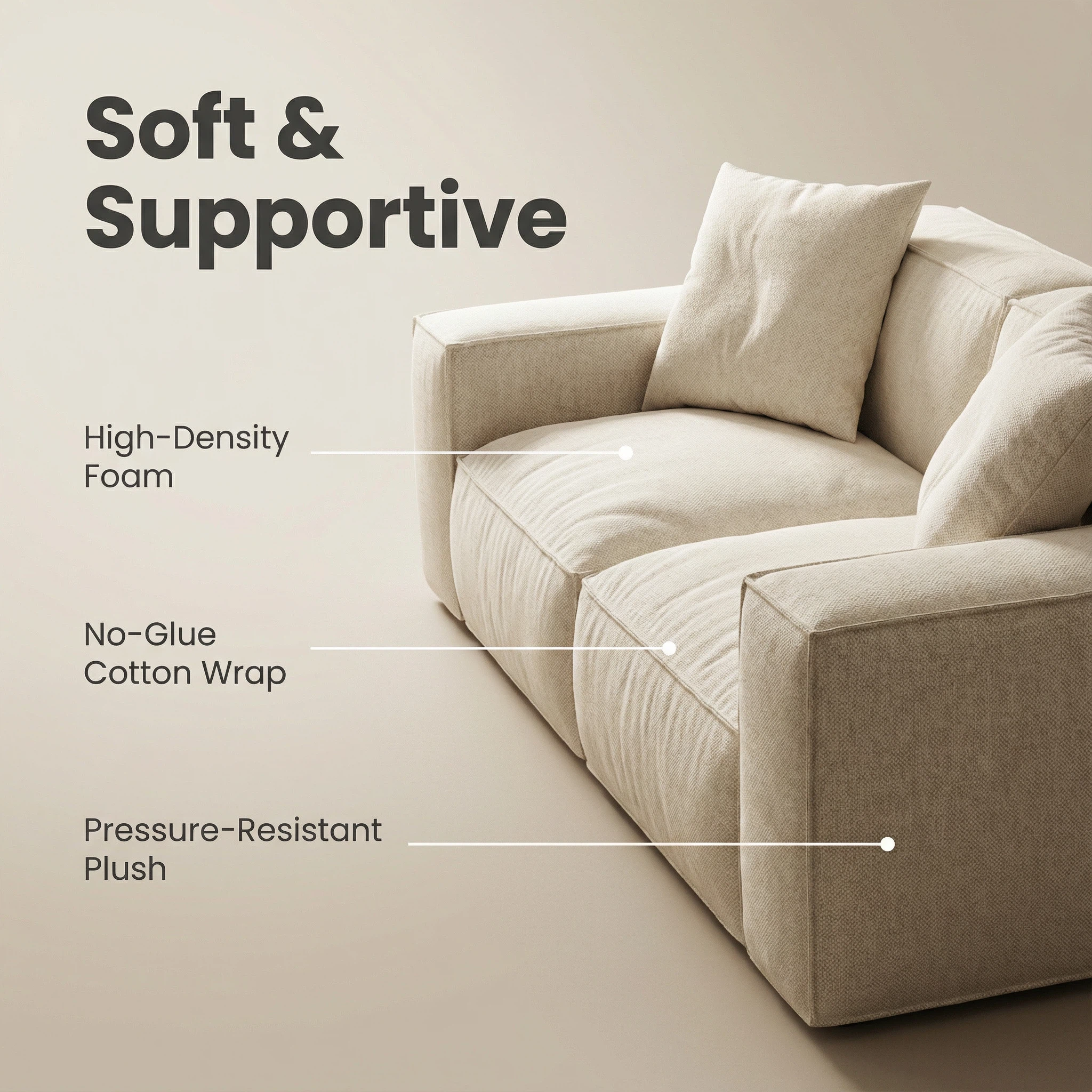 Light Beige Modular Glue-Free Cotton Sofa - High-Density Foam Multi-Size Living Room Furniture