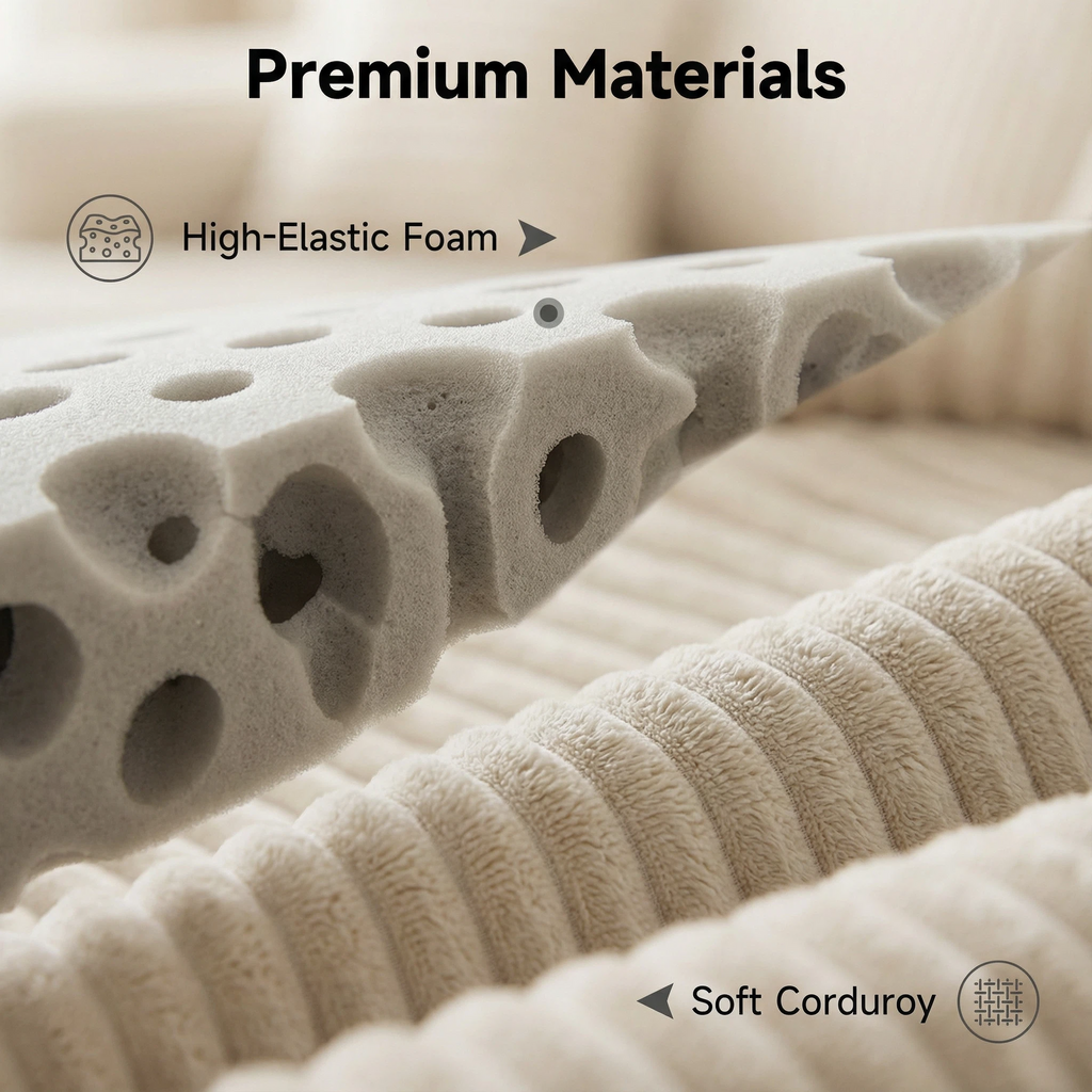 Beige Corduroy High-Elastic Foam Sofa - Glue-Free Cotton Healthy Material | Multi-Size Including L-Shaped Living Room Furniture