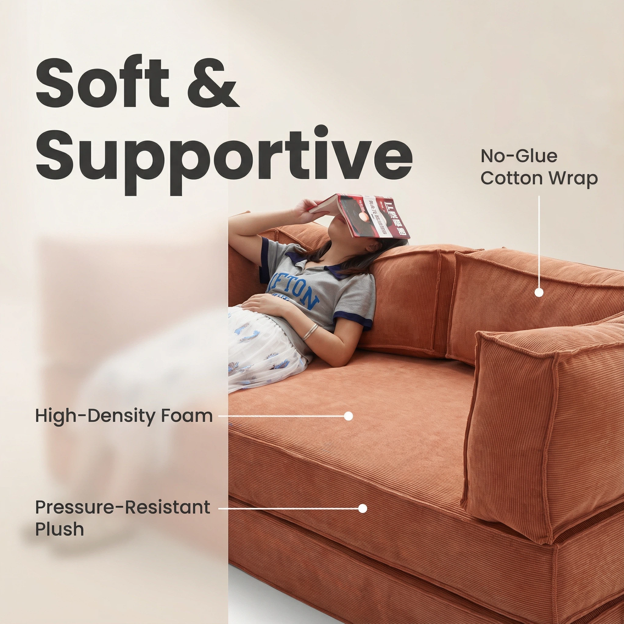 Caramel Corduroy Glue-Free Cotton Sofa - High-Density Foam Multi-Size Living Room Furniture
