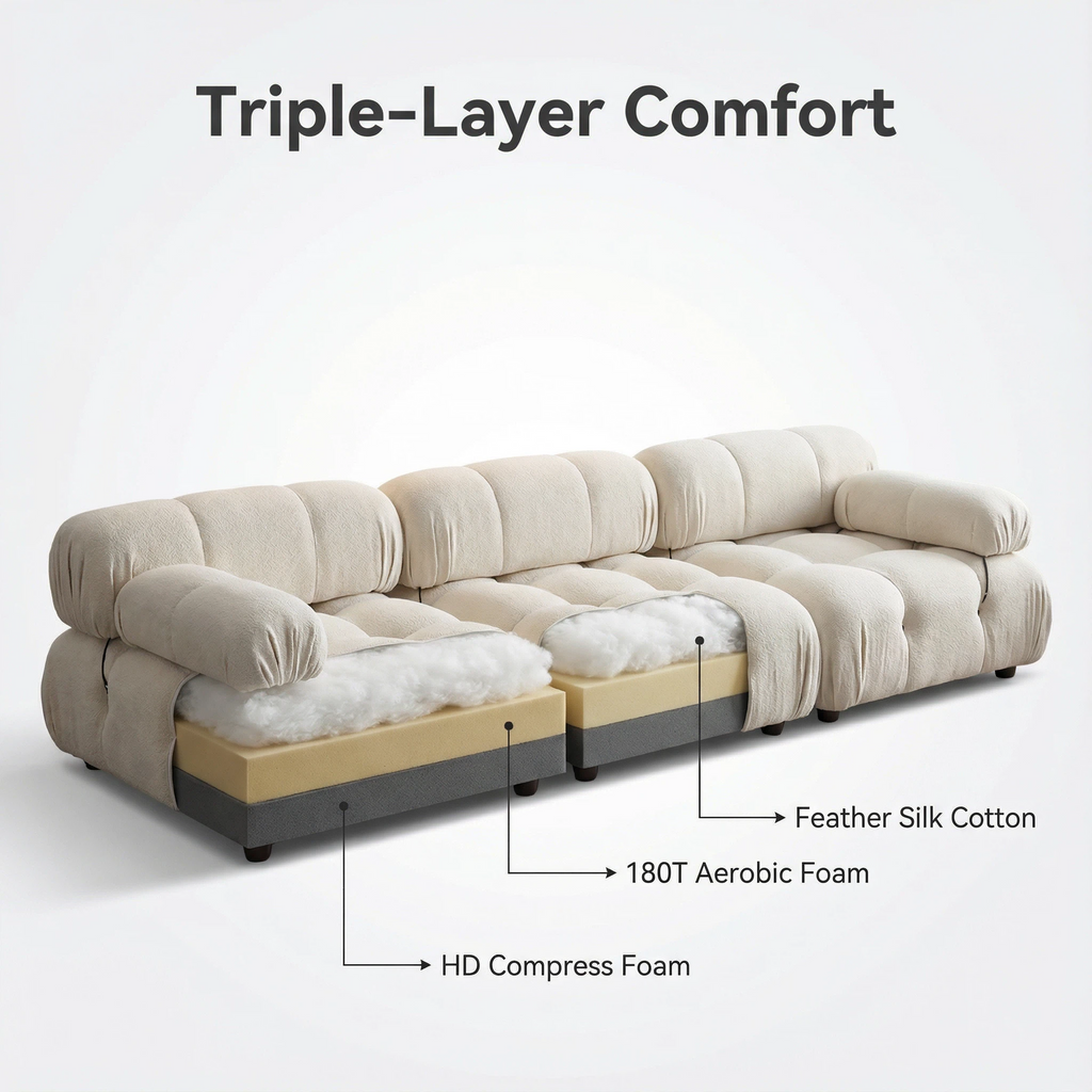 Modular Beige Velvet Triple-Layer Comfort Sofa | Freely Combined Unit Living Room Furniture | High-Density Foam Luxury Seating