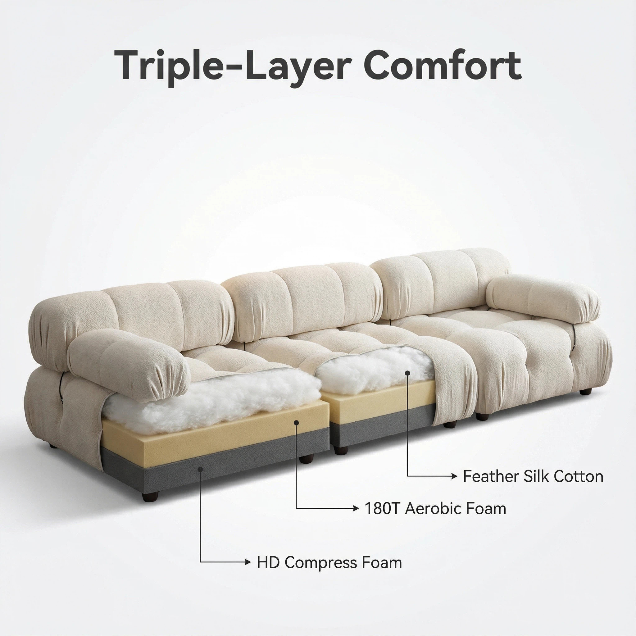 Modular Beige Velvet Triple-Layer Comfort Sofa | Freely Combined Unit Living Room Furniture | High-Density Foam Luxury Seating