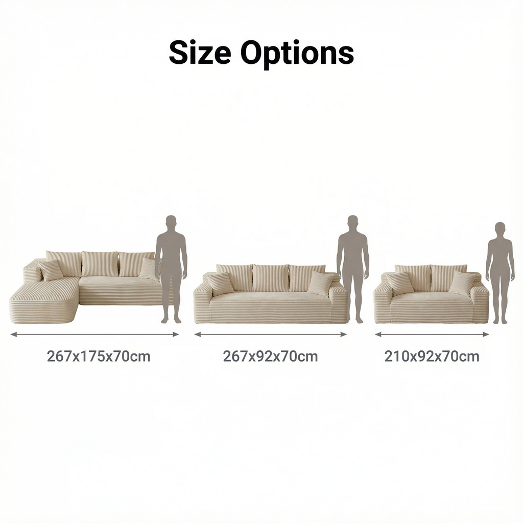 Beige Corduroy High-Elastic Foam Sofa - Glue-Free Cotton Healthy Material | Multi-Size Including L-Shaped Living Room Furniture