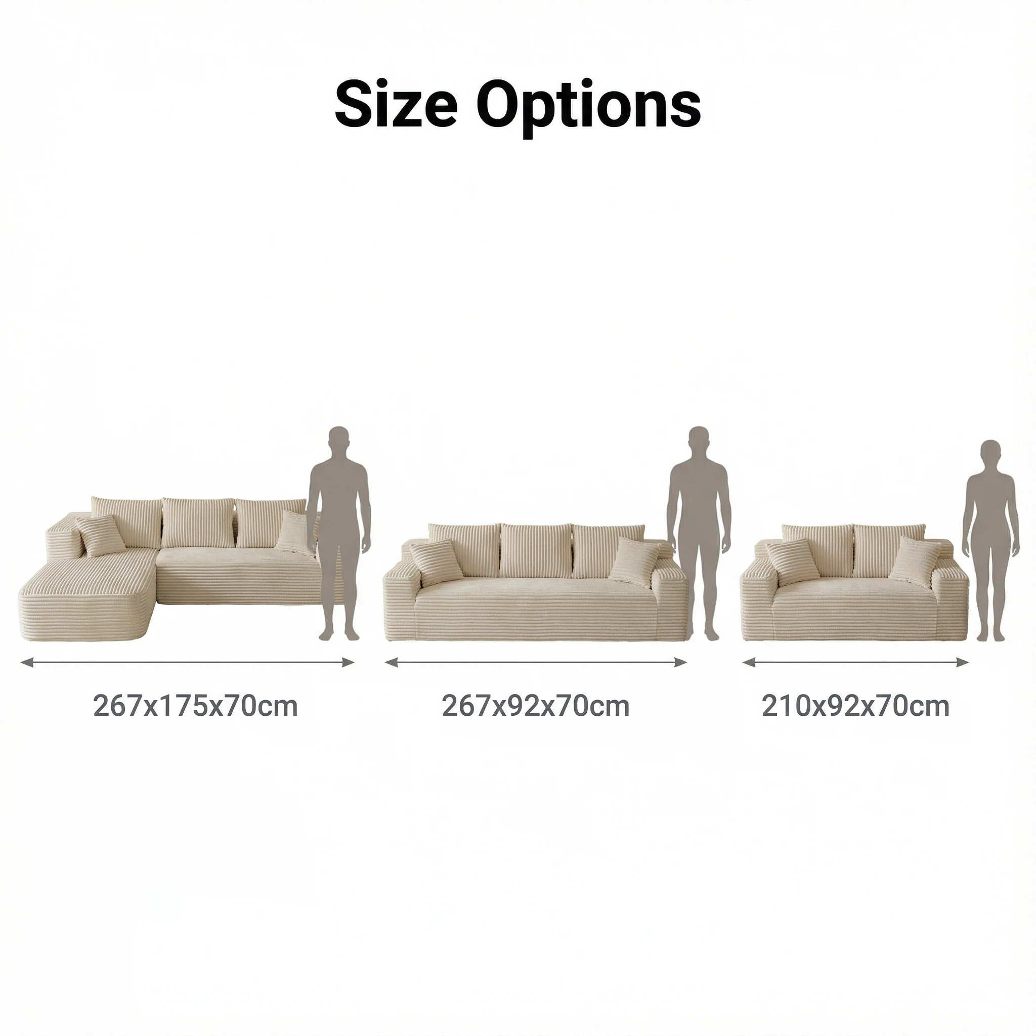 Beige Corduroy High-Elastic Foam Sofa - Glue-Free Cotton Healthy Material | Multi-Size Including L-Shaped Living Room Furniture