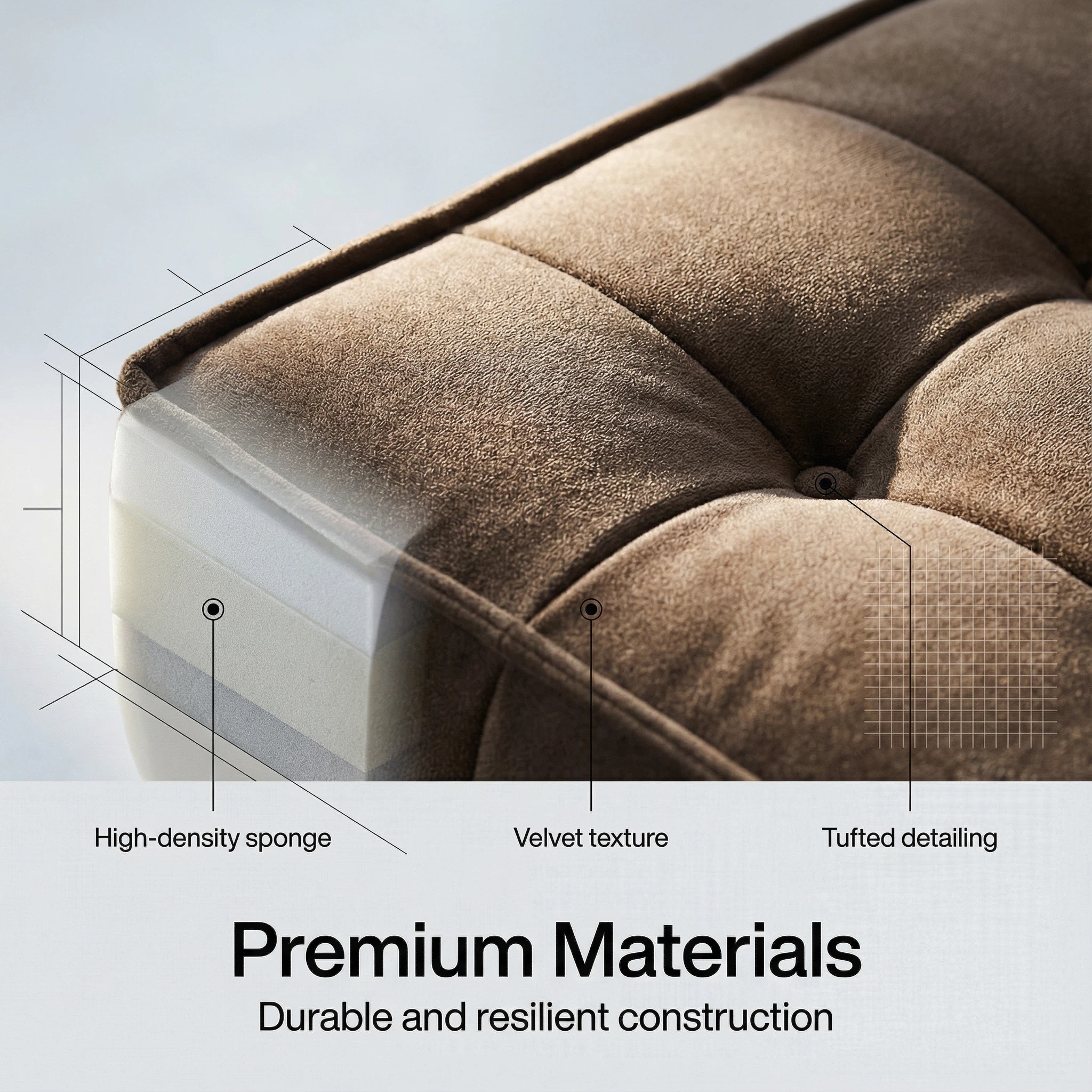 Brown Velvet Tufted Sofa - High-Density Sponge Filling | Modern Luxury Living Room Furniture