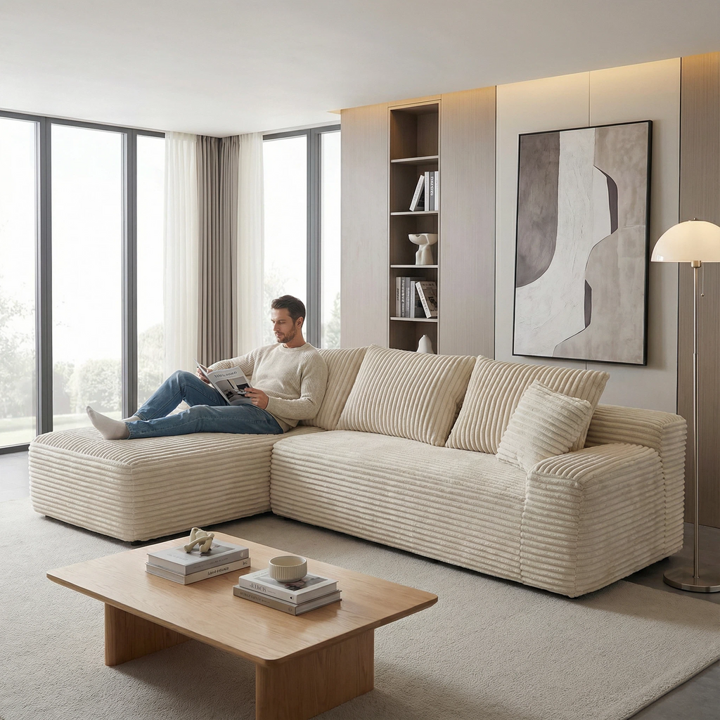 Beige Corduroy High-Elastic Foam Sofa - Glue-Free Cotton Healthy Material | Multi-Size Including L-Shaped Living Room Furniture
