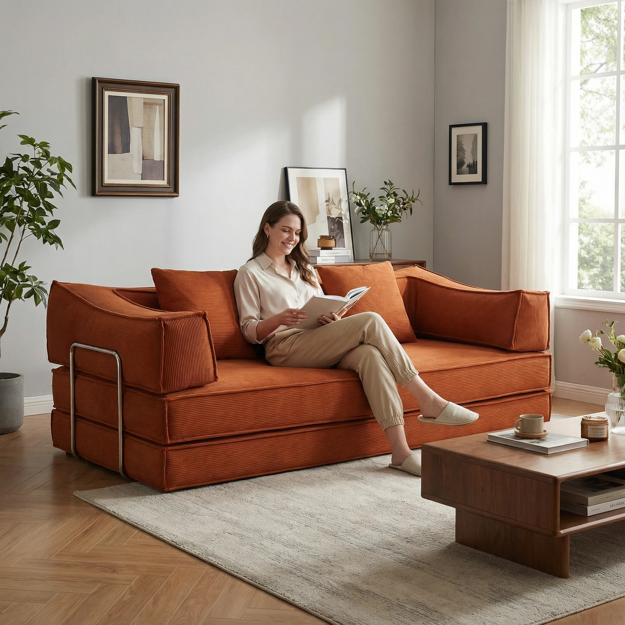 Foshan Factory Terracotta Cotton-Linen Sofa - Elegant Comfort, Compression Packaging, Multi-Color Modern Living Room Furniture