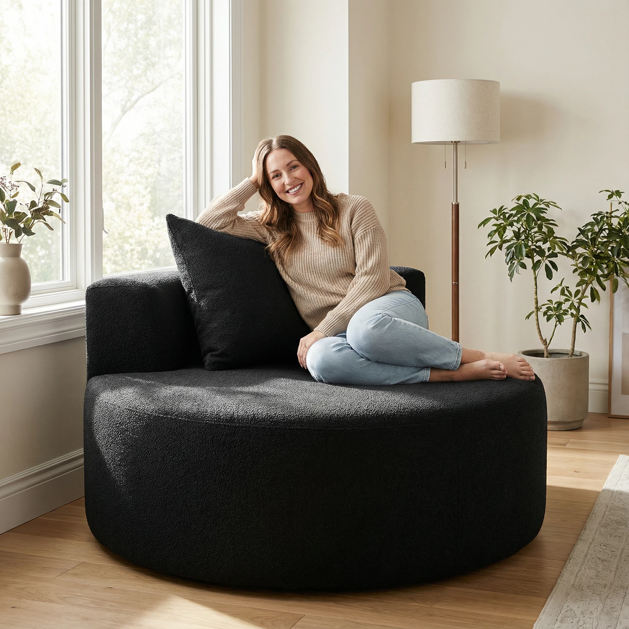 Foshan Factory Black Circular Polymer Sofa - Modern Comfort, Durable Compact Design, 100×100cm Accent Chair