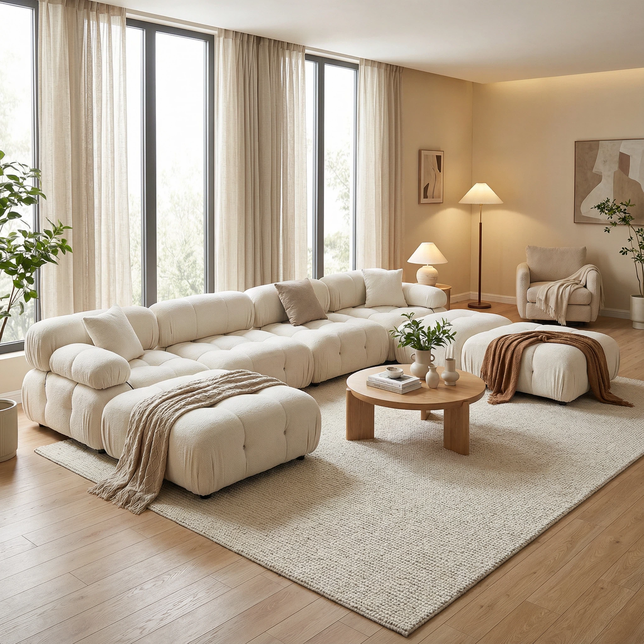 Modular Beige Velvet Triple-Layer Comfort Sofa | Freely Combined Unit Living Room Furniture | High-Density Foam Luxury Seating